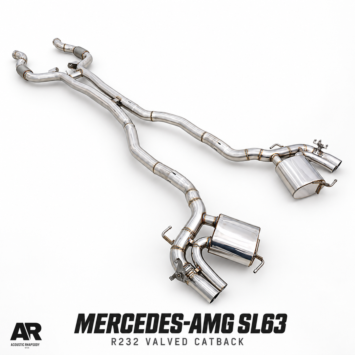 AR Mercedes-AMG SL63 R232 SS304 valved catback, complete angled view with twin mufflers and front flex connections.