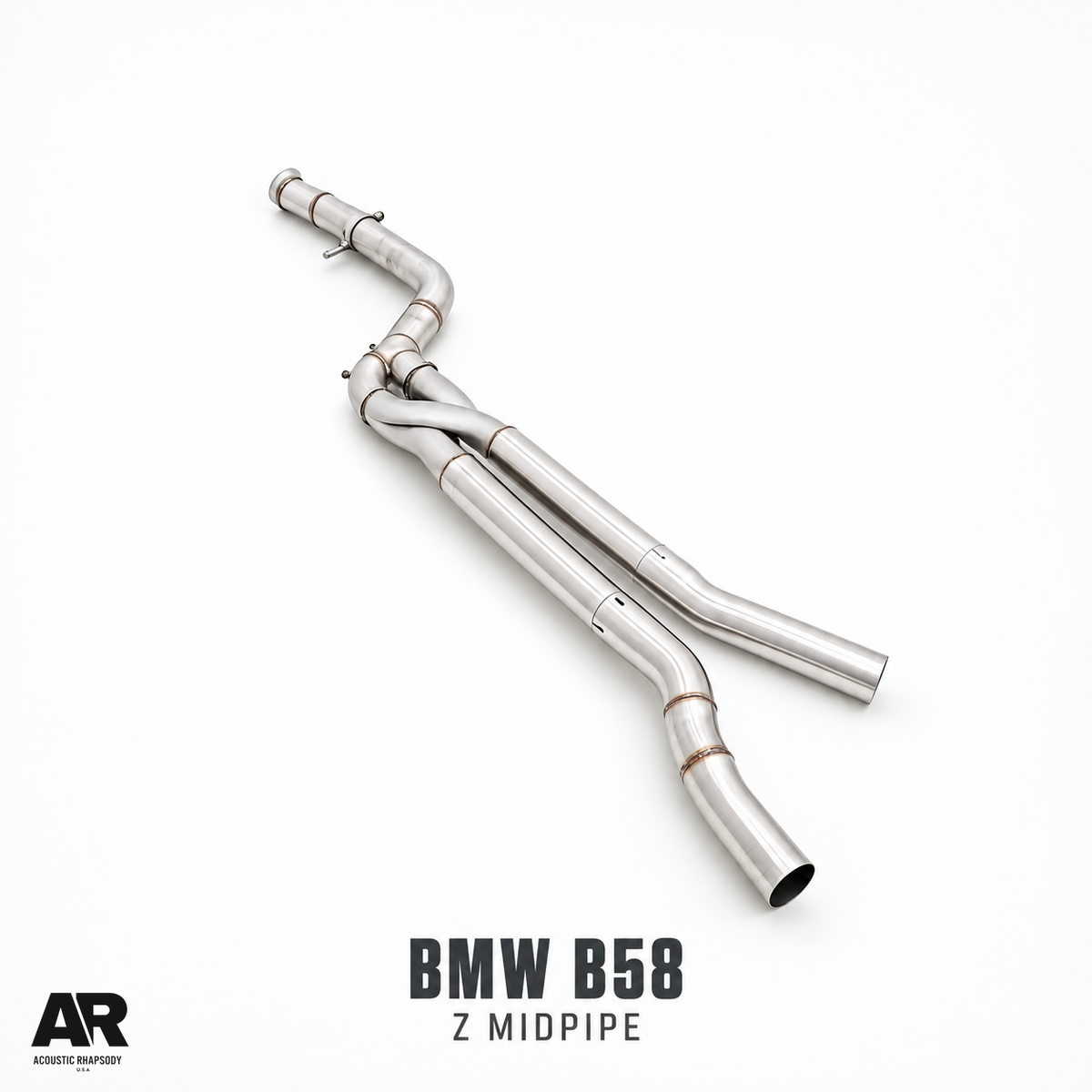 AR BMW B58 SS304 Z midpipe, complete angled view showing a single curved inlet and paired pipe outlets.