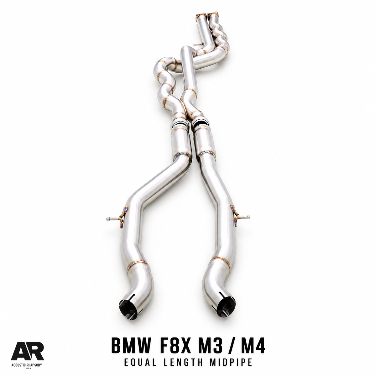 AR BMW F8X M3 M4 SS304 equal length midpipe, complete front catalog view.