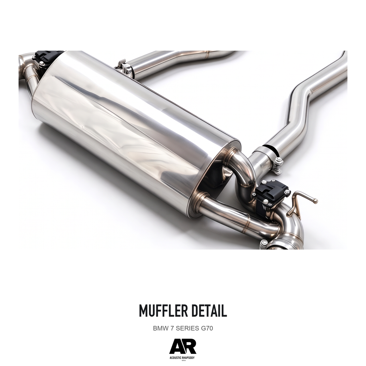 BMW 7 SERIES G70 — muffler detail, detail crop from the same product photograph; AR-styled presentation.