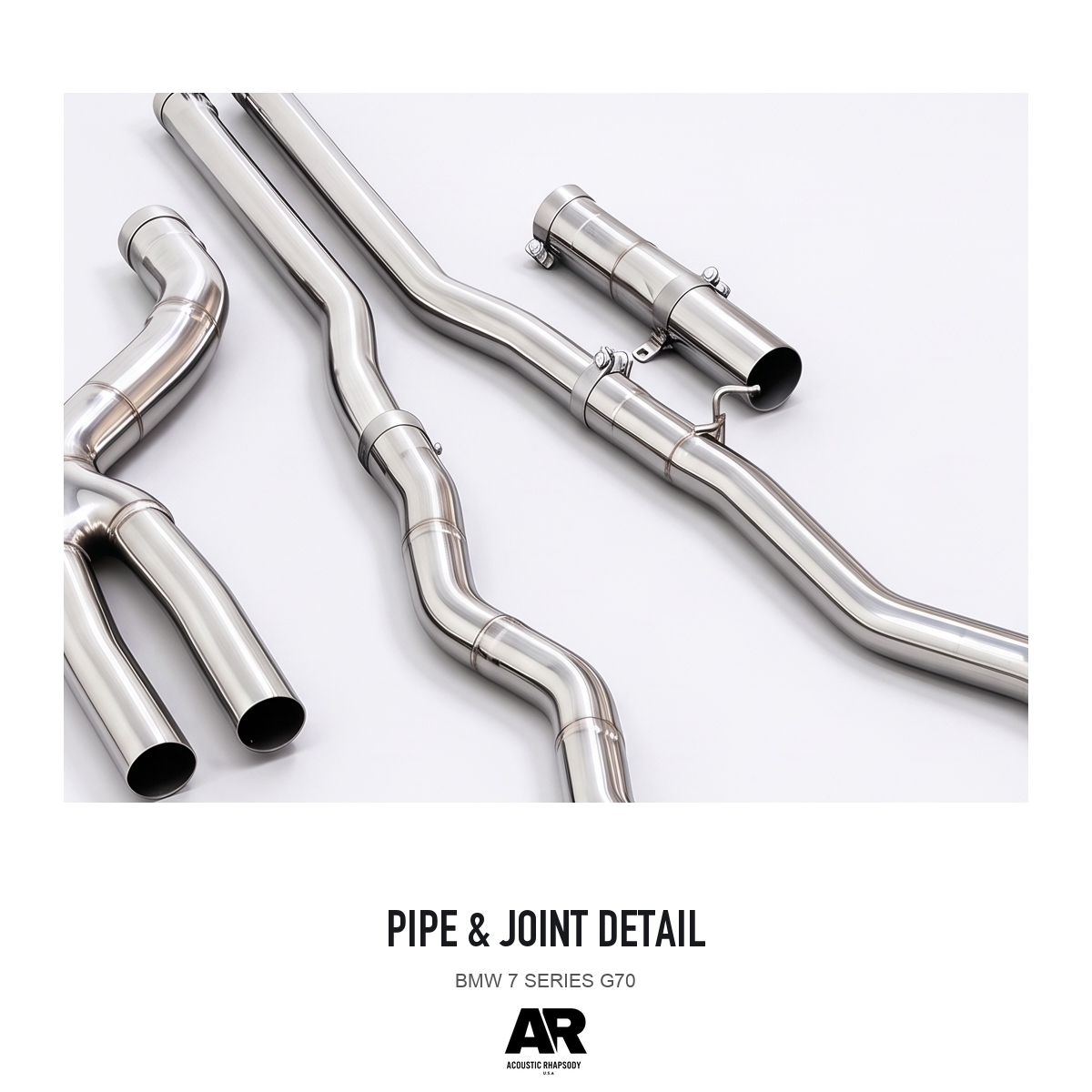 BMW 7 SERIES G70 — pipe & joint detail, detail crop from the same product photograph; AR-styled presentation.