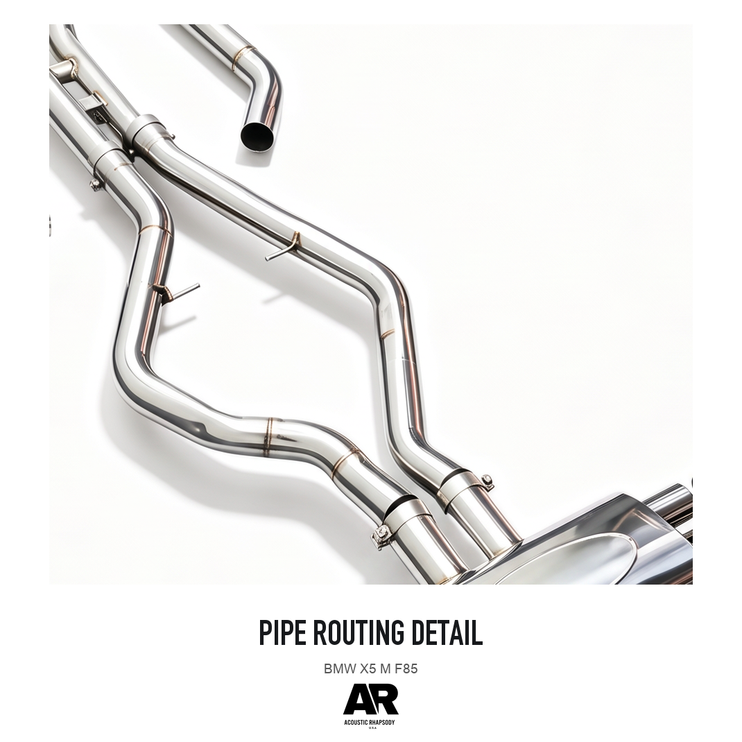 BMW X5 M F85 — pipe routing detail, detail crop from the same product photograph; AR-styled presentation.