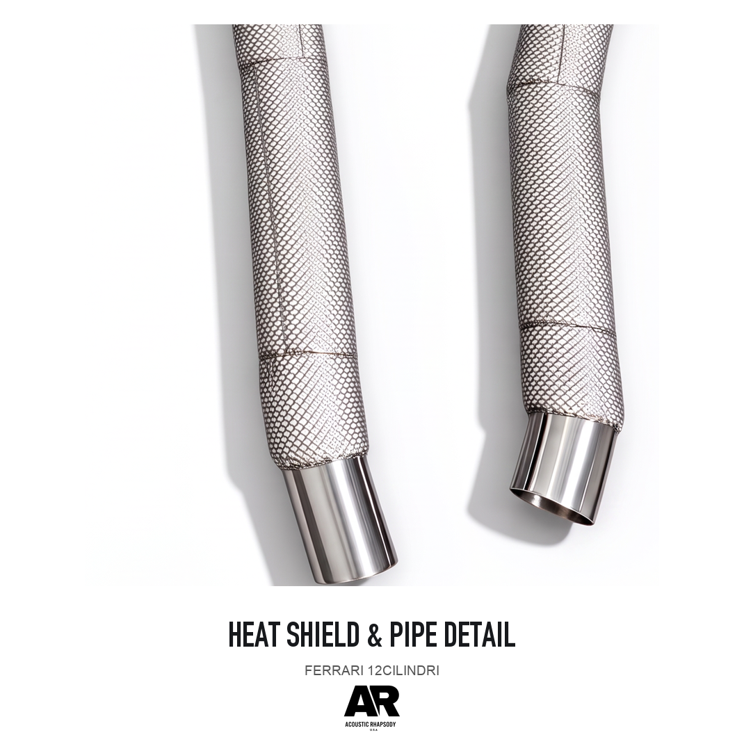 FERRARI 12CILINDRI — heat shield & pipe detail, detail crop from the same product photograph; AR-styled presentation.