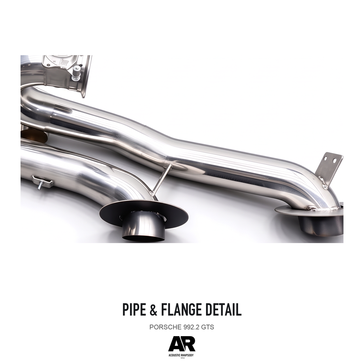 PORSCHE 992.2 GTS — pipe & flange detail, detail crop from the same product photograph; AR-styled presentation.