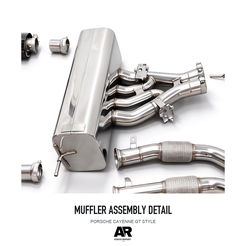 PORSCHE CAYENNE GT STYLE — muffler assembly detail, detail crop from the same product photograph; AR-styled presentation.