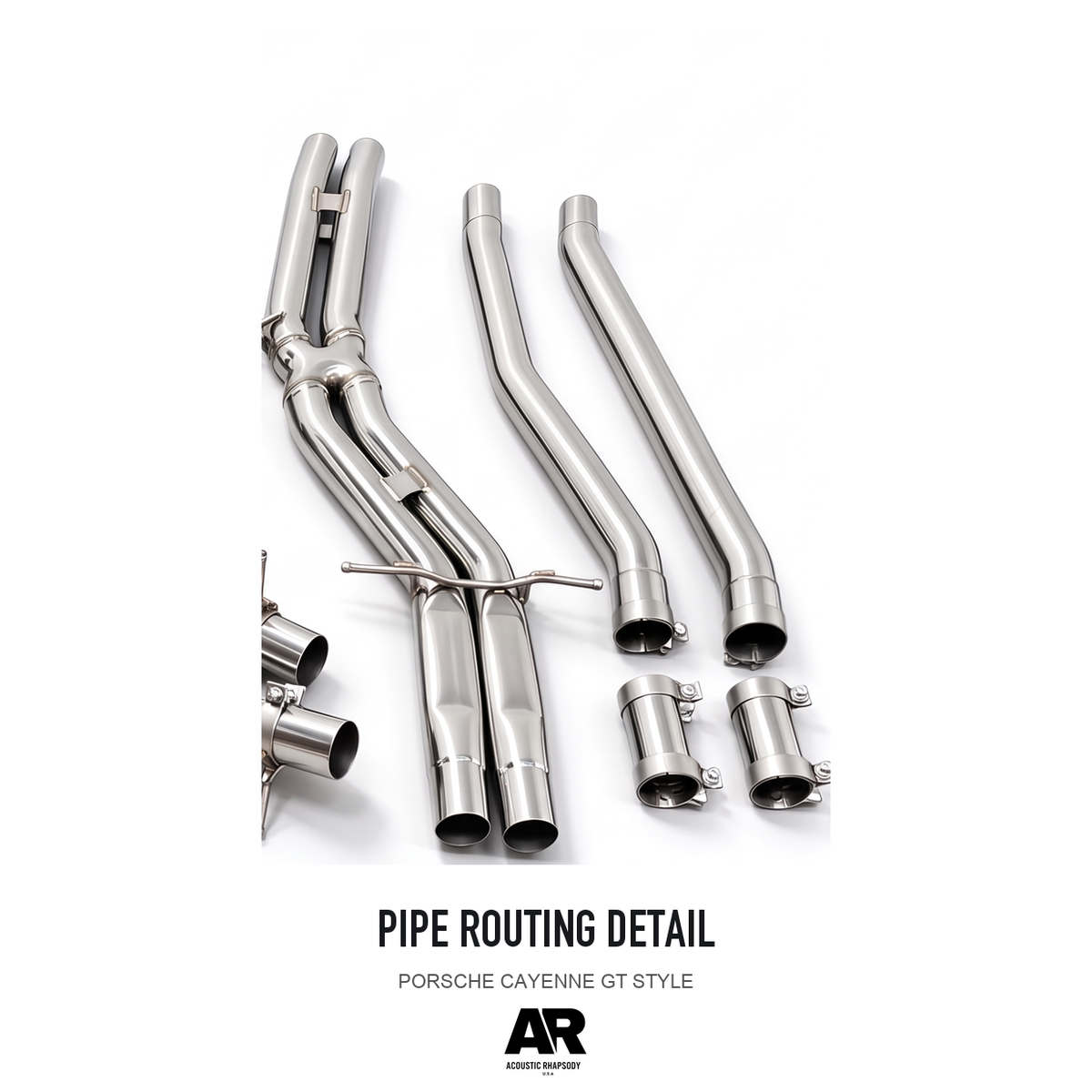 PORSCHE CAYENNE GT STYLE — pipe routing detail, detail crop from the same product photograph; AR-styled presentation.