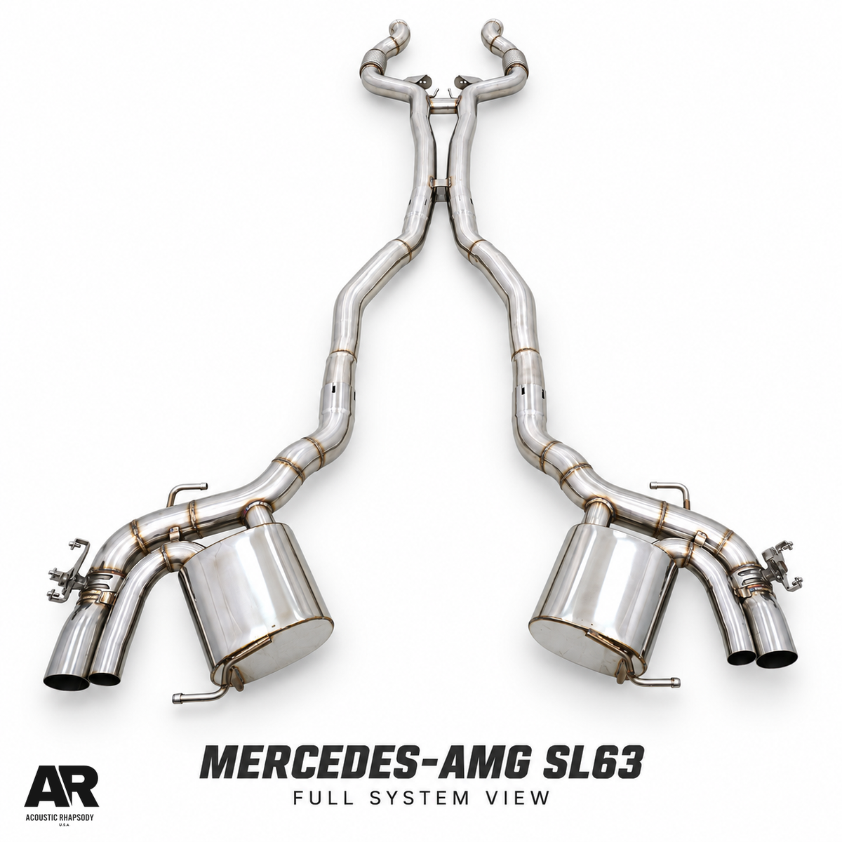AR Mercedes-AMG SL63 R232 SS304 valved catback, complete front view showing twin mufflers and paired pipes.