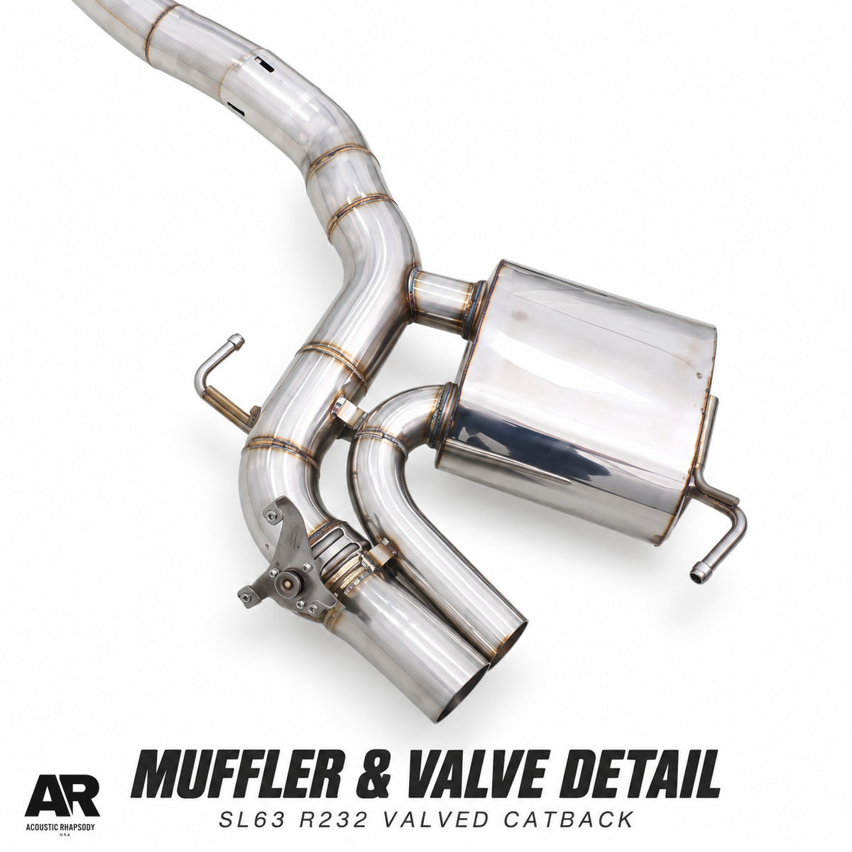 AR SL63 R232 muffler and valve hardware detail, styled from the original product photograph.