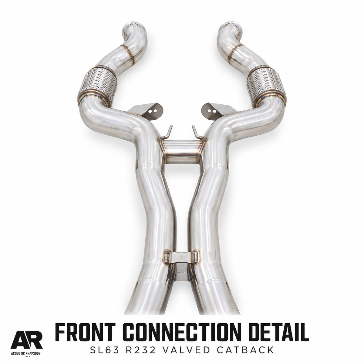 AR SL63 R232 front connection detail showing paired flex bellows and pipe bridge.