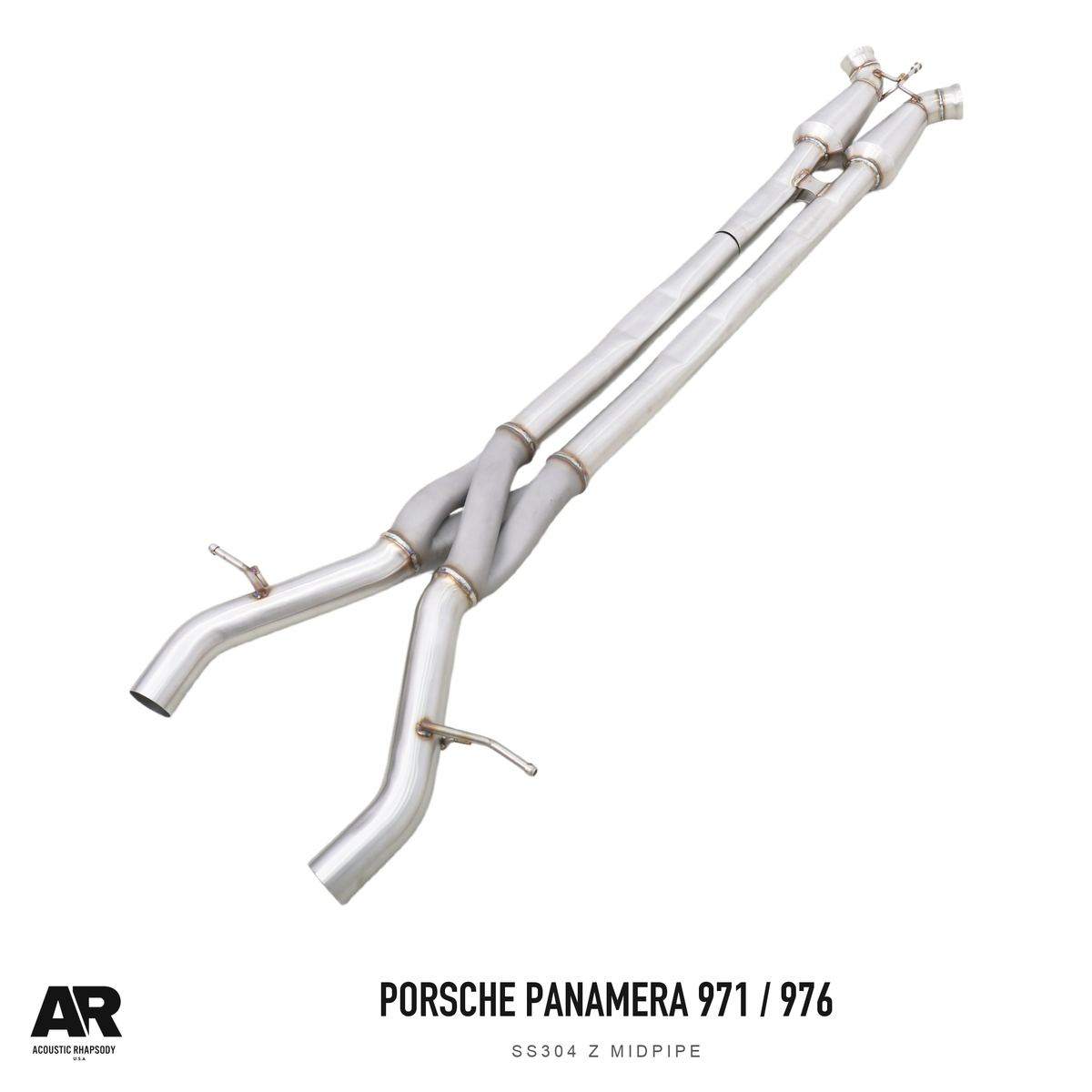 AR Porsche Panamera 971/976 SS304 Z Midpipe — second original photographic angle. Original product photograph styled with AR branding.