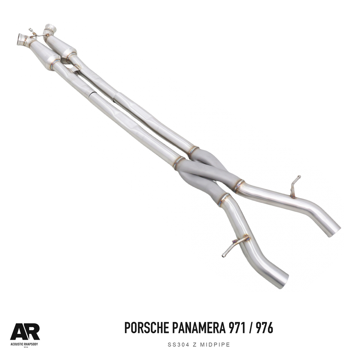 AR Porsche Panamera 971/976 SS304 Z Midpipe — third original photographic angle. Original product photograph styled with AR branding.