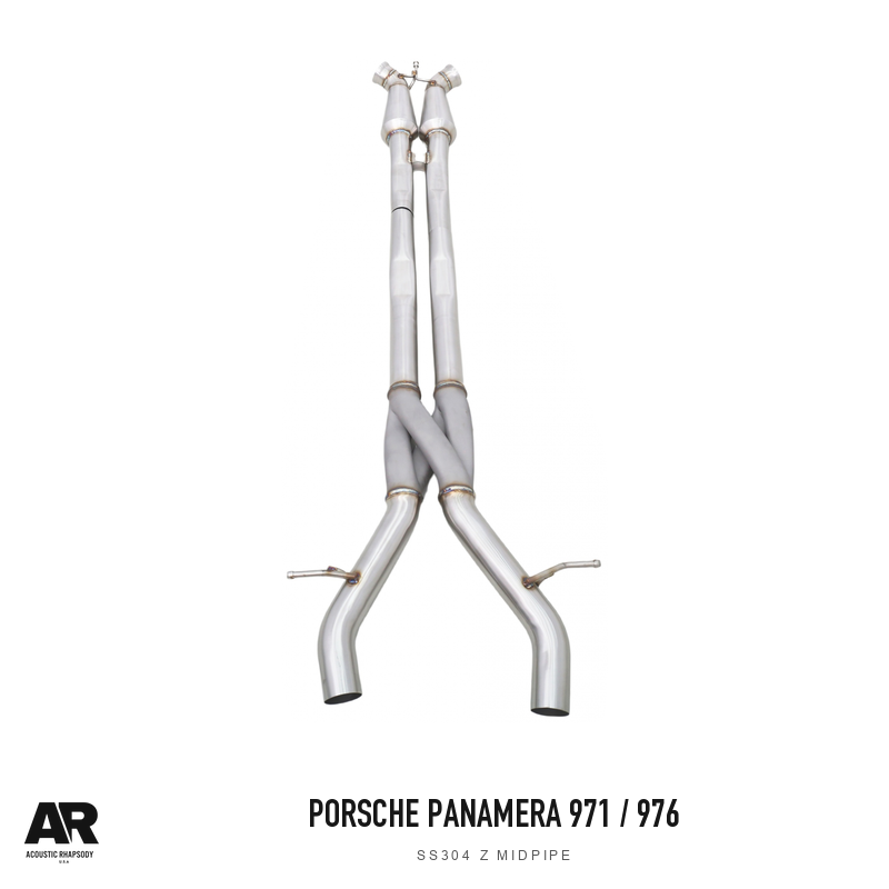 AR Porsche Panamera 971/976 SS304 Z Midpipe — complete photographed assembly. Original product photograph styled with AR branding.