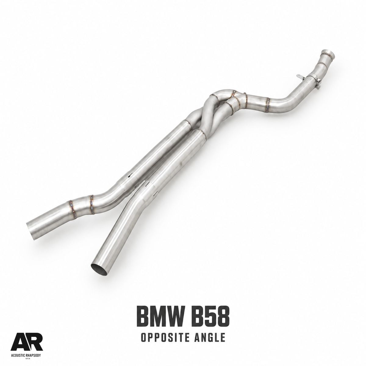 AR BMW B58 Z midpipe, opposite angled product view with crossover and paired tubes.