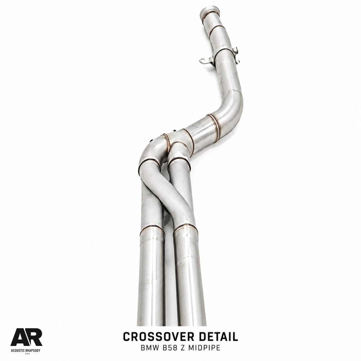 AR BMW B58 Z midpipe crossover detail, styled from the original product photograph.