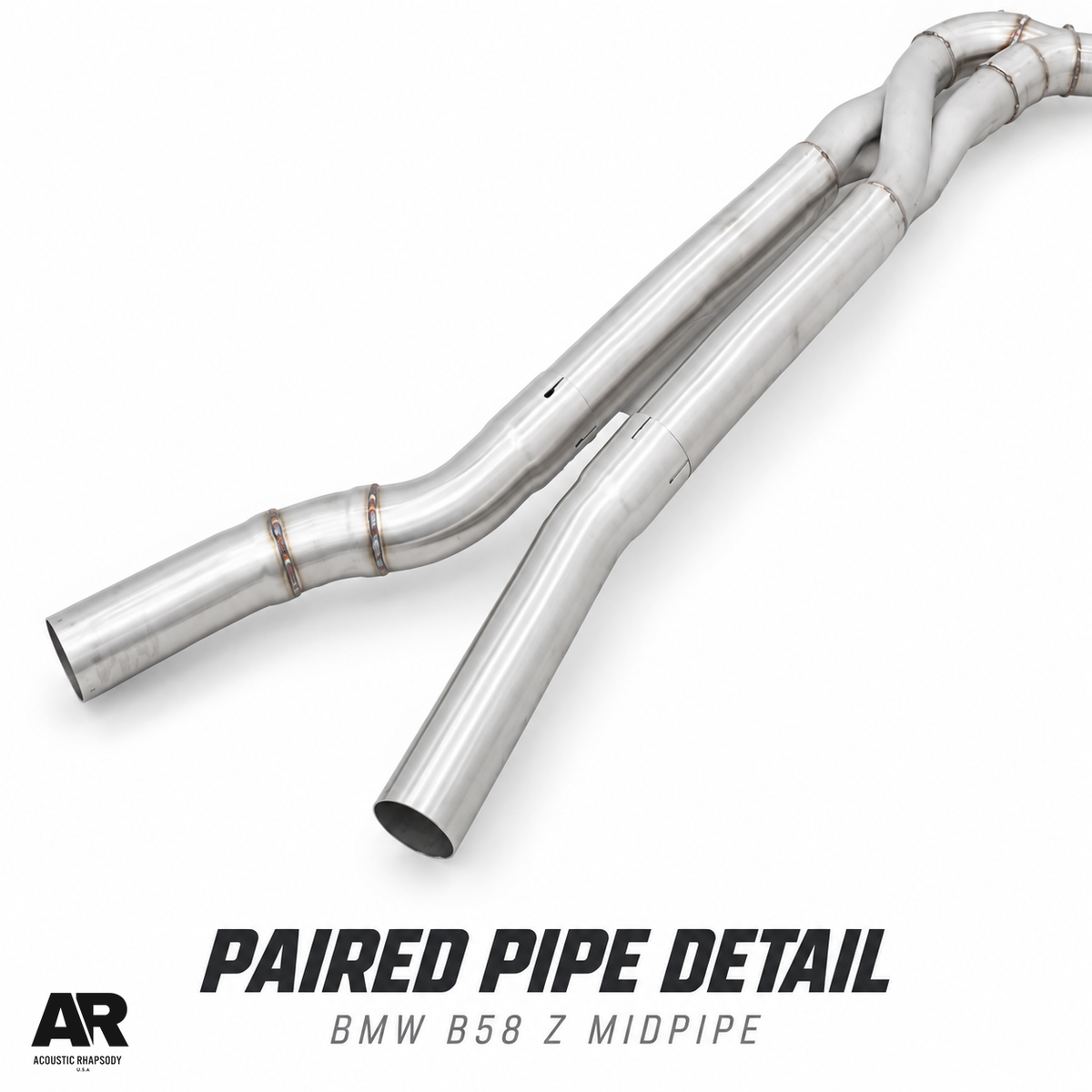 AR BMW B58 Z midpipe paired pipe detail showing the two outlet connections.