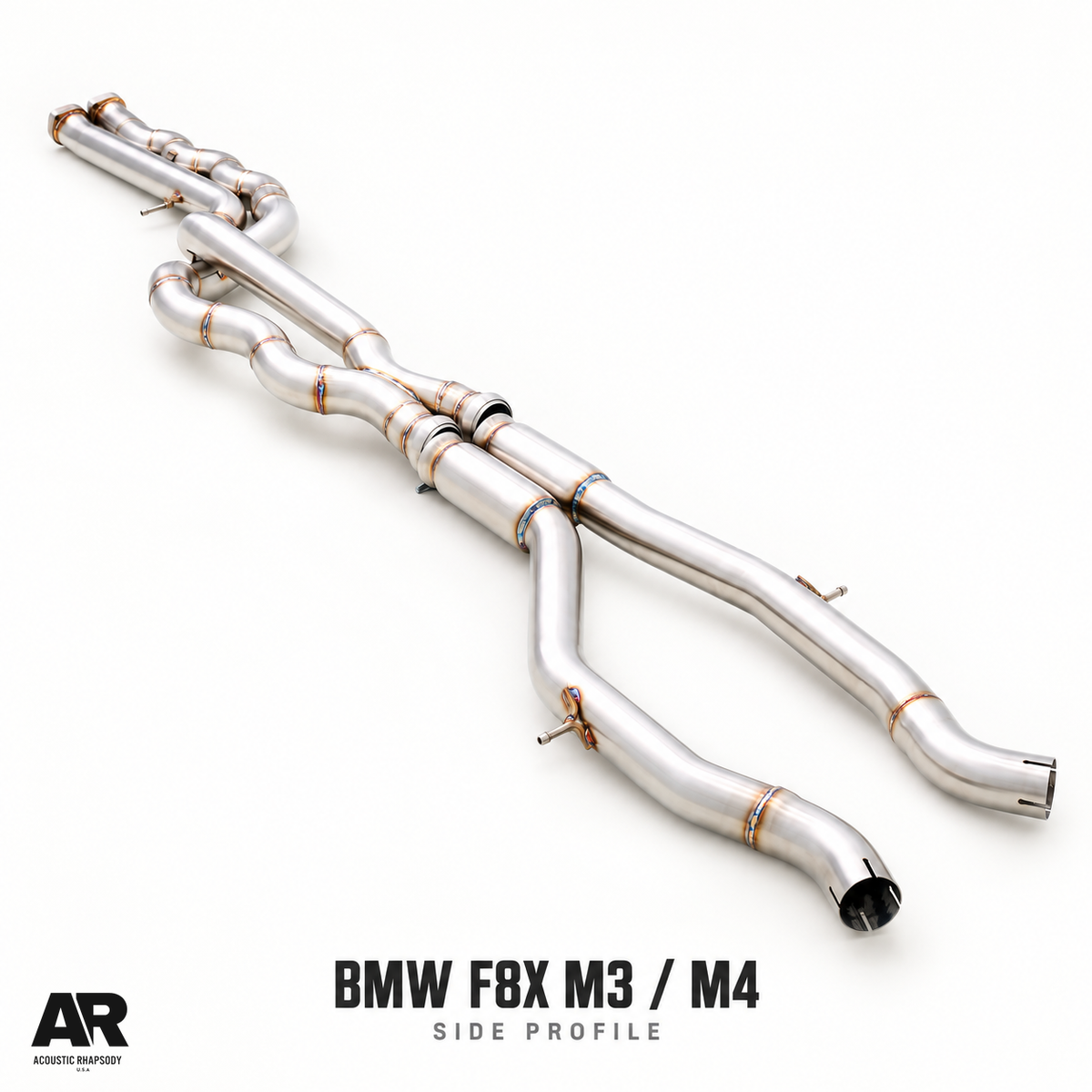 AR BMW F8X equal length midpipe, side profile with paired connections and mounting hangers.