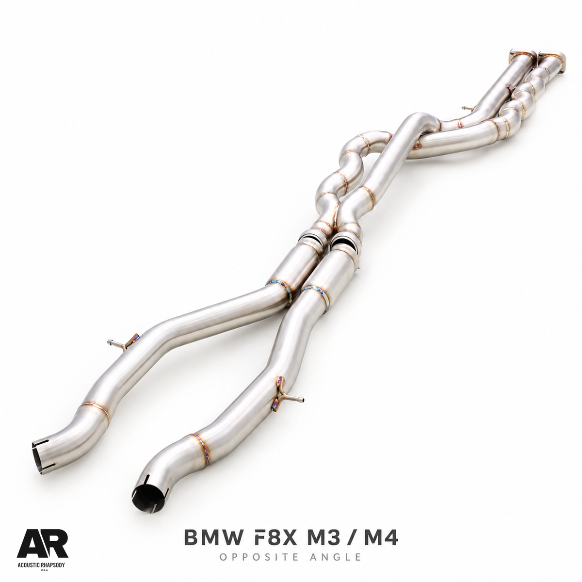 AR BMW F8X equal length midpipe, opposite angle showing the complete pipe routing.