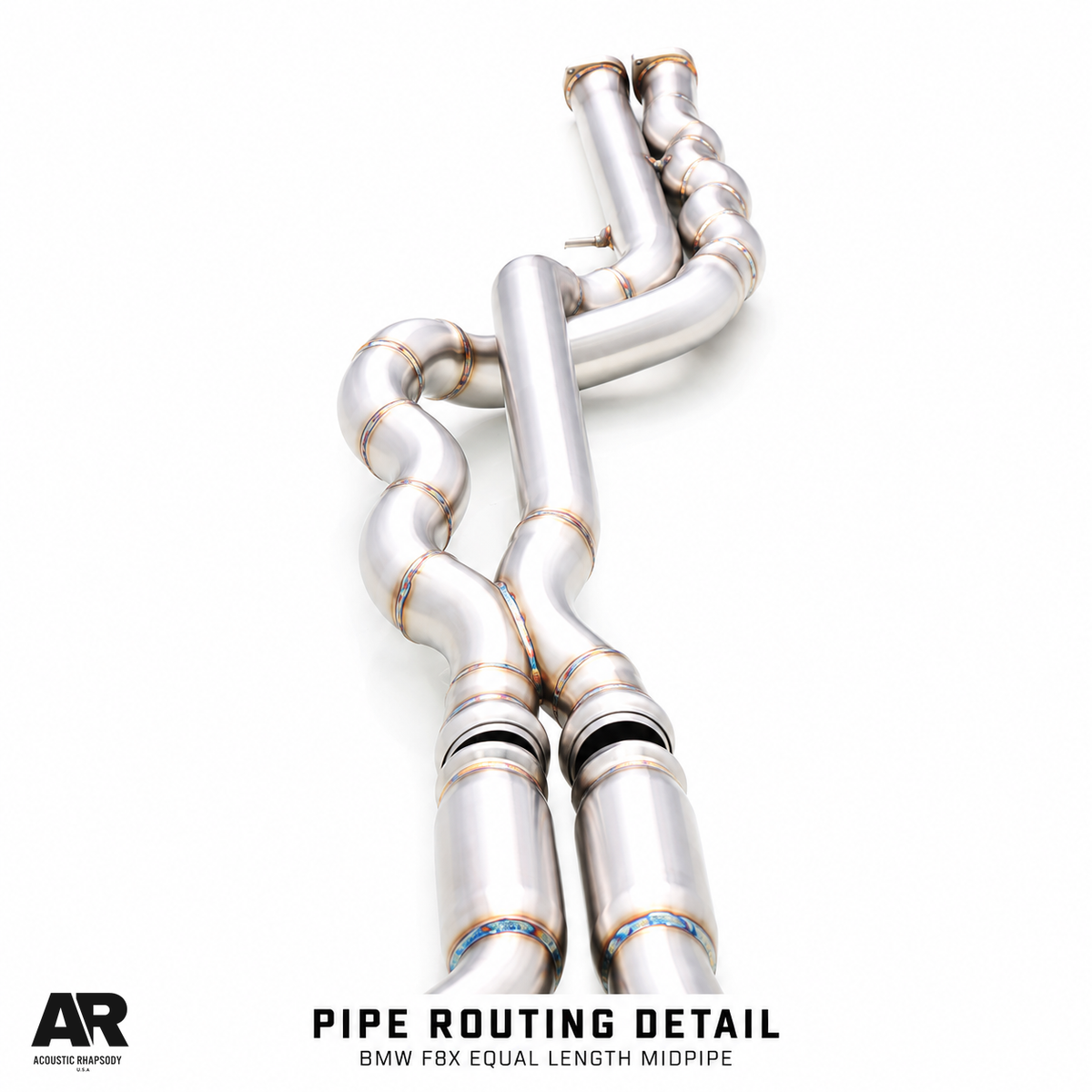 AR BMW F8X equal length midpipe routing detail, styled from the original product photograph.