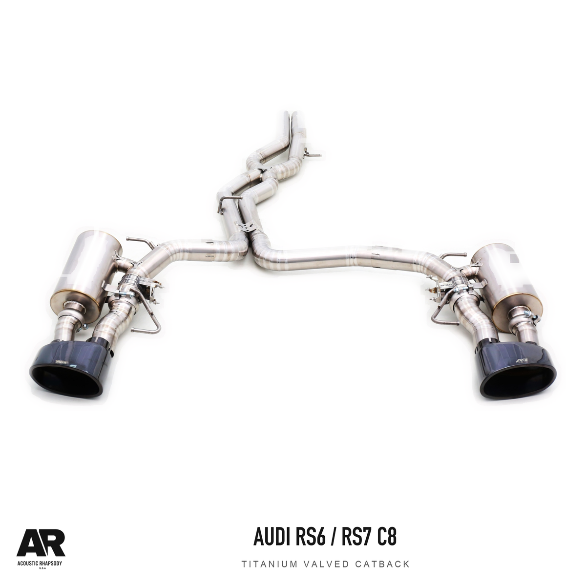 AR Audi RS6/RS7 C8 Titanium Valved Catback — second original photographic angle. Original product photograph styled with AR branding.
