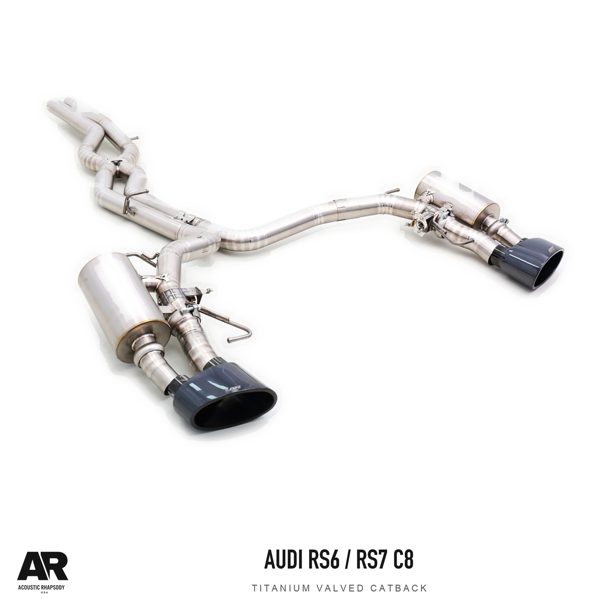 AR Audi RS6/RS7 C8 Titanium Valved Catback — third original photographic angle. Original product photograph styled with AR branding.