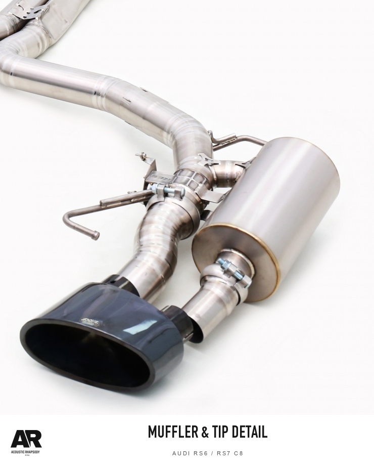 AR Audi RS6/RS7 C8 Titanium Valved Catback — muffler & tip detail. Original product photograph styled with AR branding.