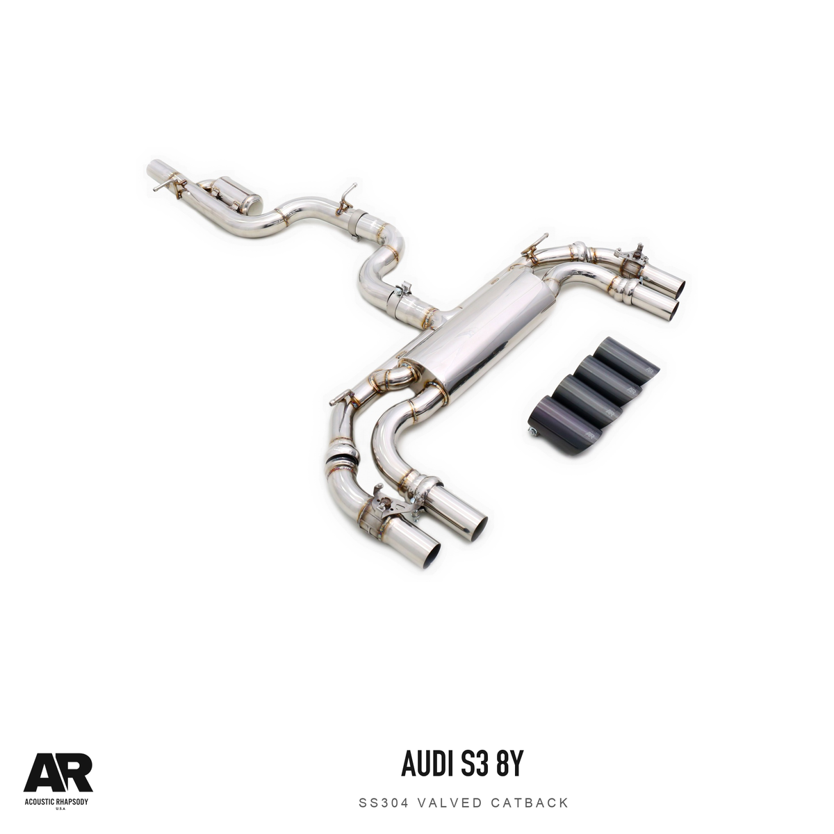 AR Audi S3 8Y SS304 Valved Catback — complete photographed assembly. Original product photograph styled with AR branding.