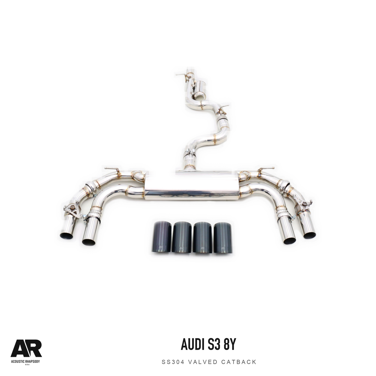 AR Audi S3 8Y SS304 Valved Catback — second original photographic angle. Original product photograph styled with AR branding.