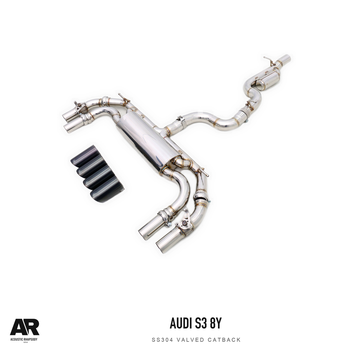 AR Audi S3 8Y SS304 Valved Catback — third original photographic angle. Original product photograph styled with AR branding.