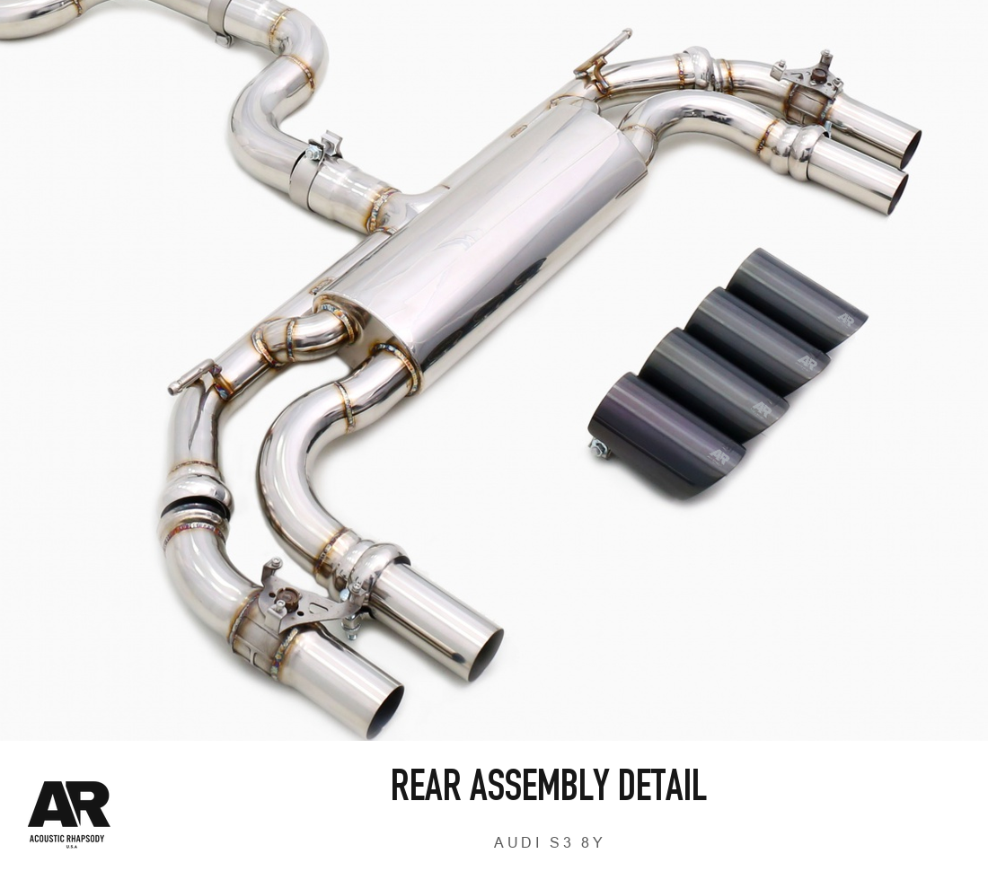 AR Audi S3 8Y SS304 Valved Catback — rear assembly detail. Original product photograph styled with AR branding.
