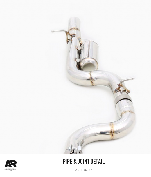 AR Audi S3 8Y SS304 Valved Catback — pipe & joint detail. Original product photograph styled with AR branding.