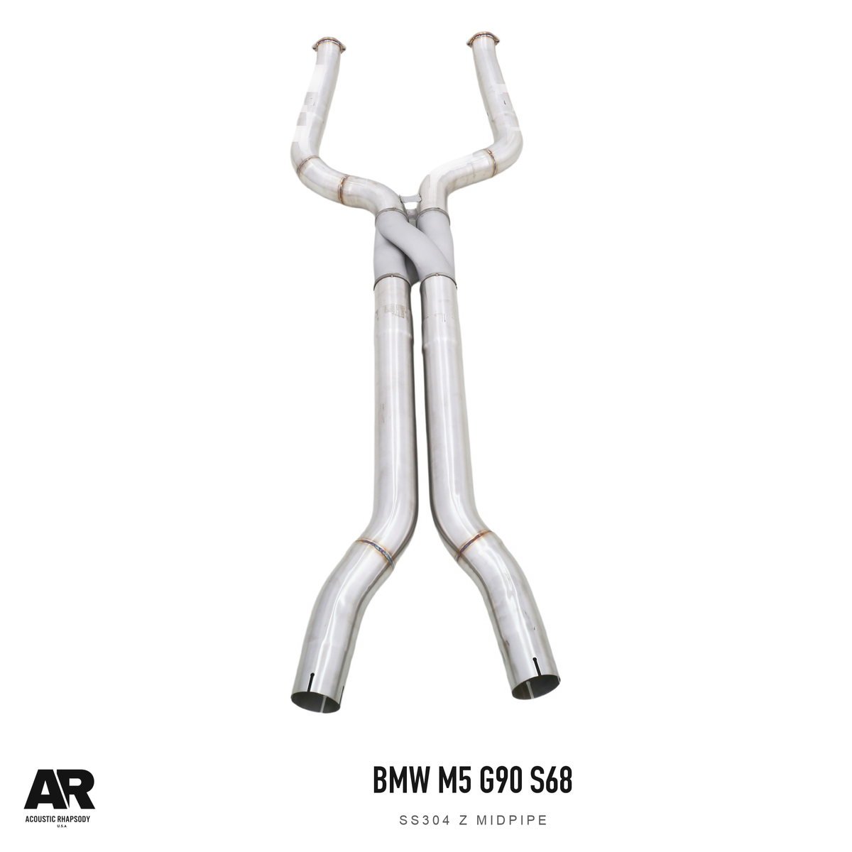 AR BMW M5 G90 S68 SS304 Z Midpipe — complete assembly, view 2; original finish with AR presentation.