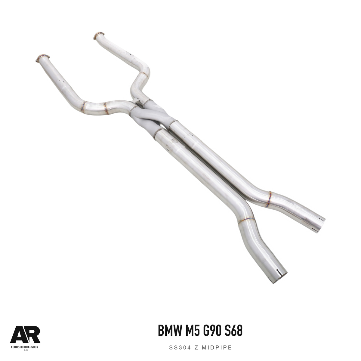 AR BMW M5 G90 S68 SS304 Z Midpipe — complete assembly, view 3; original finish with AR presentation.