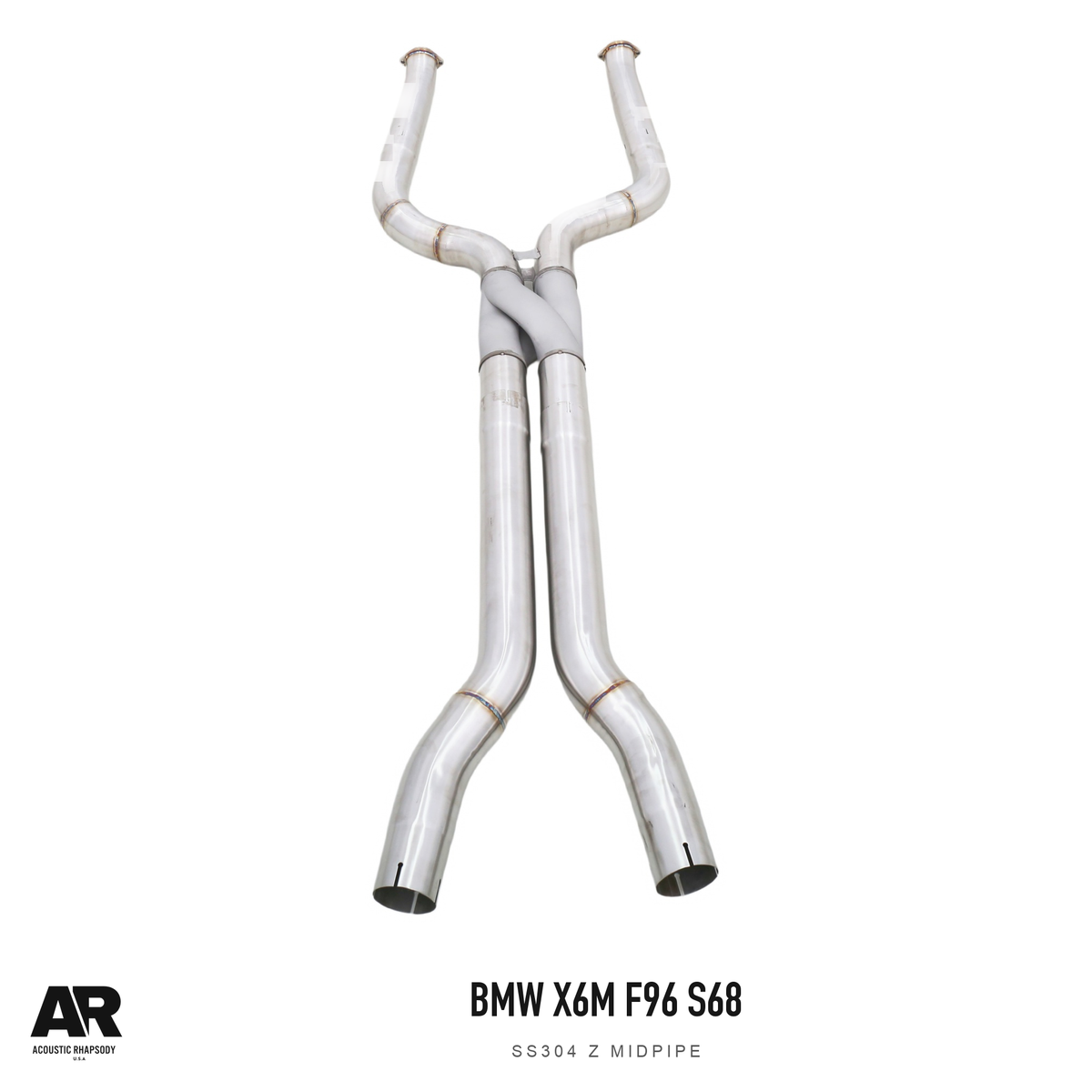 AR BMW X6M F96 S68 SS304 Z Midpipe — complete assembly, view 2; original finish with AR presentation.