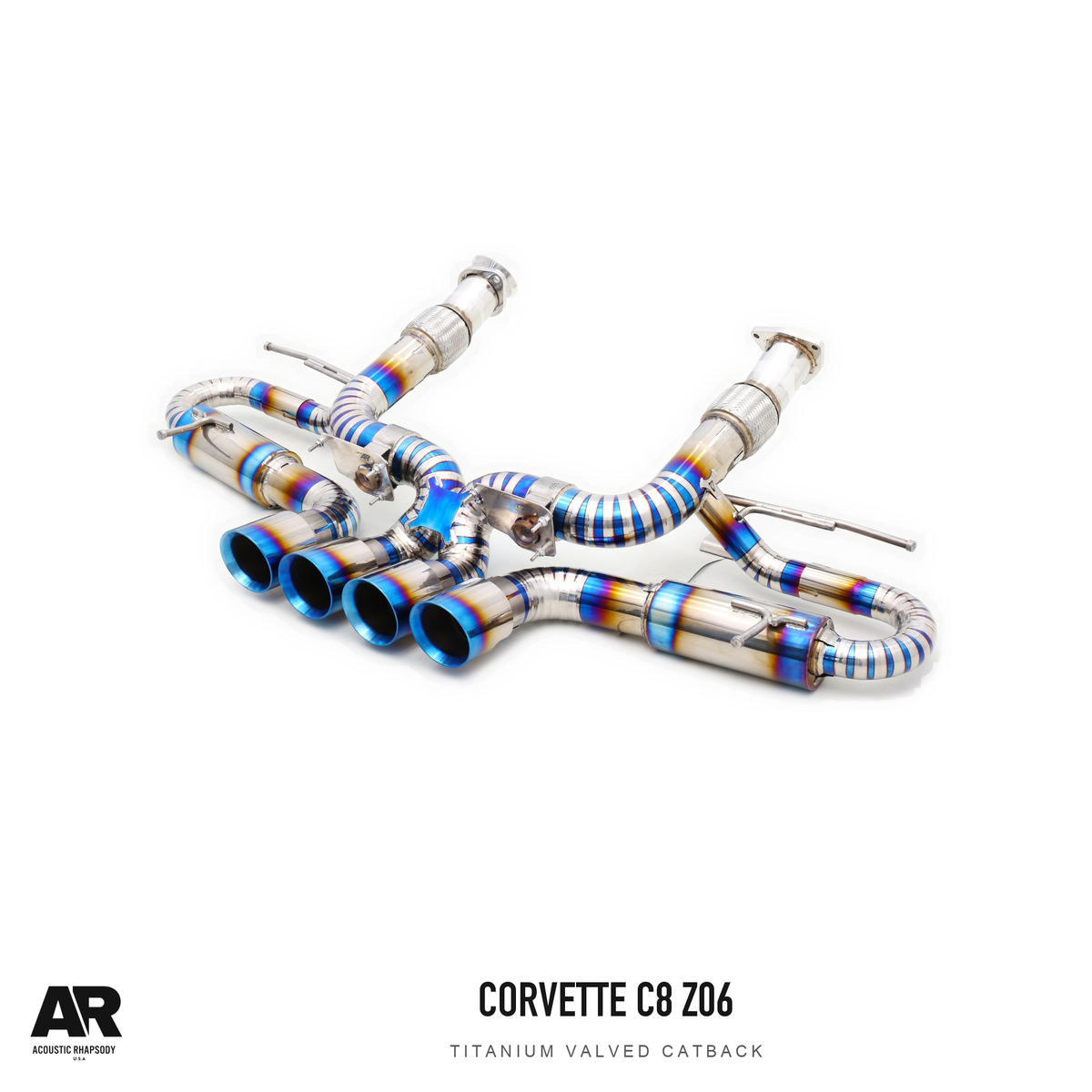 AR Chevrolet Corvette C8 Z06 Titanium Valved Catback — complete photographed assembly. Original product photograph styled with AR branding.