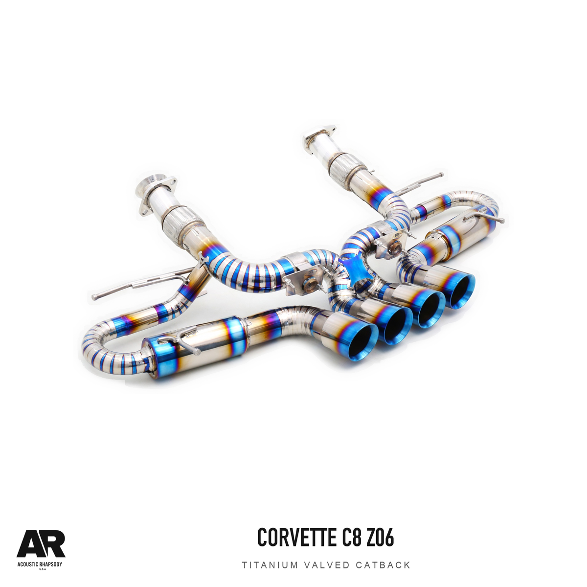 AR Chevrolet Corvette C8 Z06 Titanium Valved Catback — second original photographic angle. Original product photograph styled with AR branding.