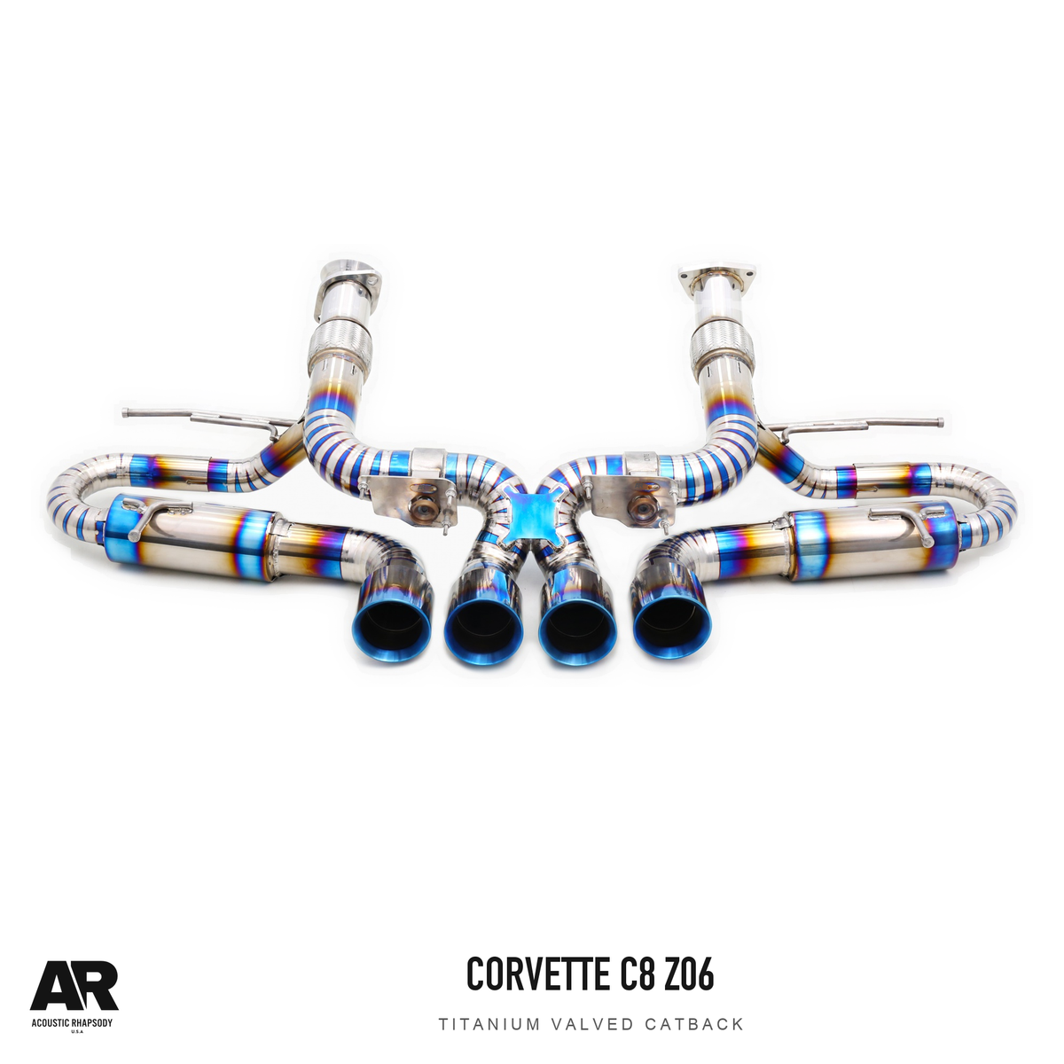 AR Chevrolet Corvette C8 Z06 Titanium Valved Catback — third original photographic angle. Original product photograph styled with AR branding.