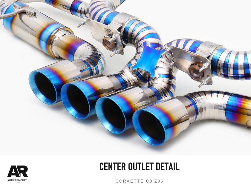 AR Chevrolet Corvette C8 Z06 Titanium Valved Catback — center outlet detail. Original product photograph styled with AR branding.