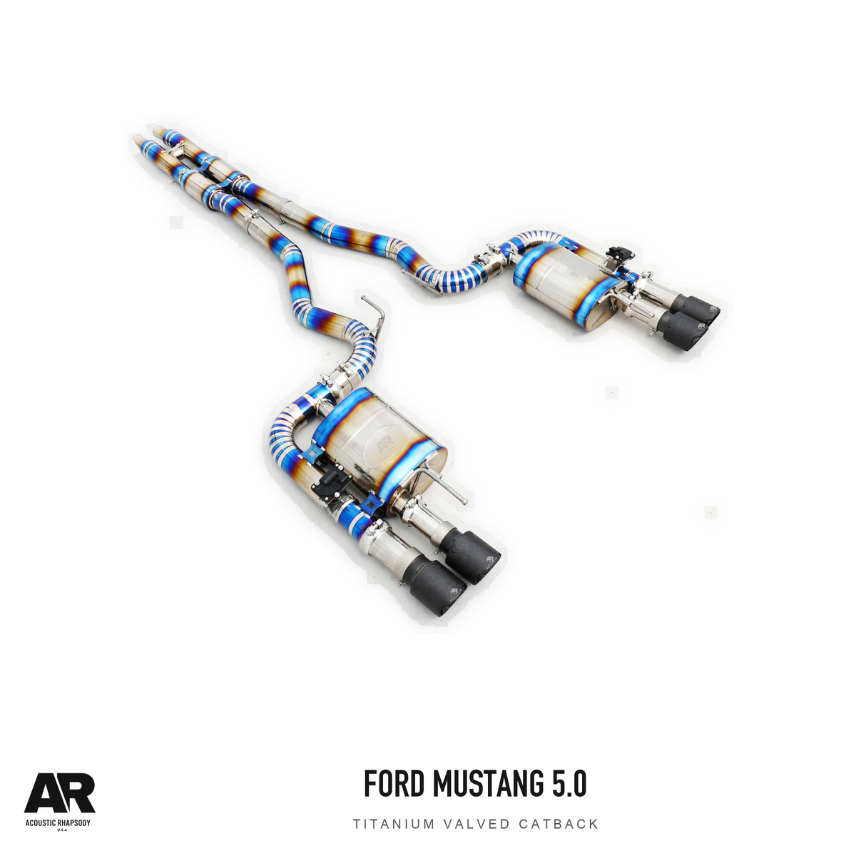 AR Ford Mustang 5.0L Titanium Valved Catback — second original photographic angle. Original product photograph styled with AR branding.
