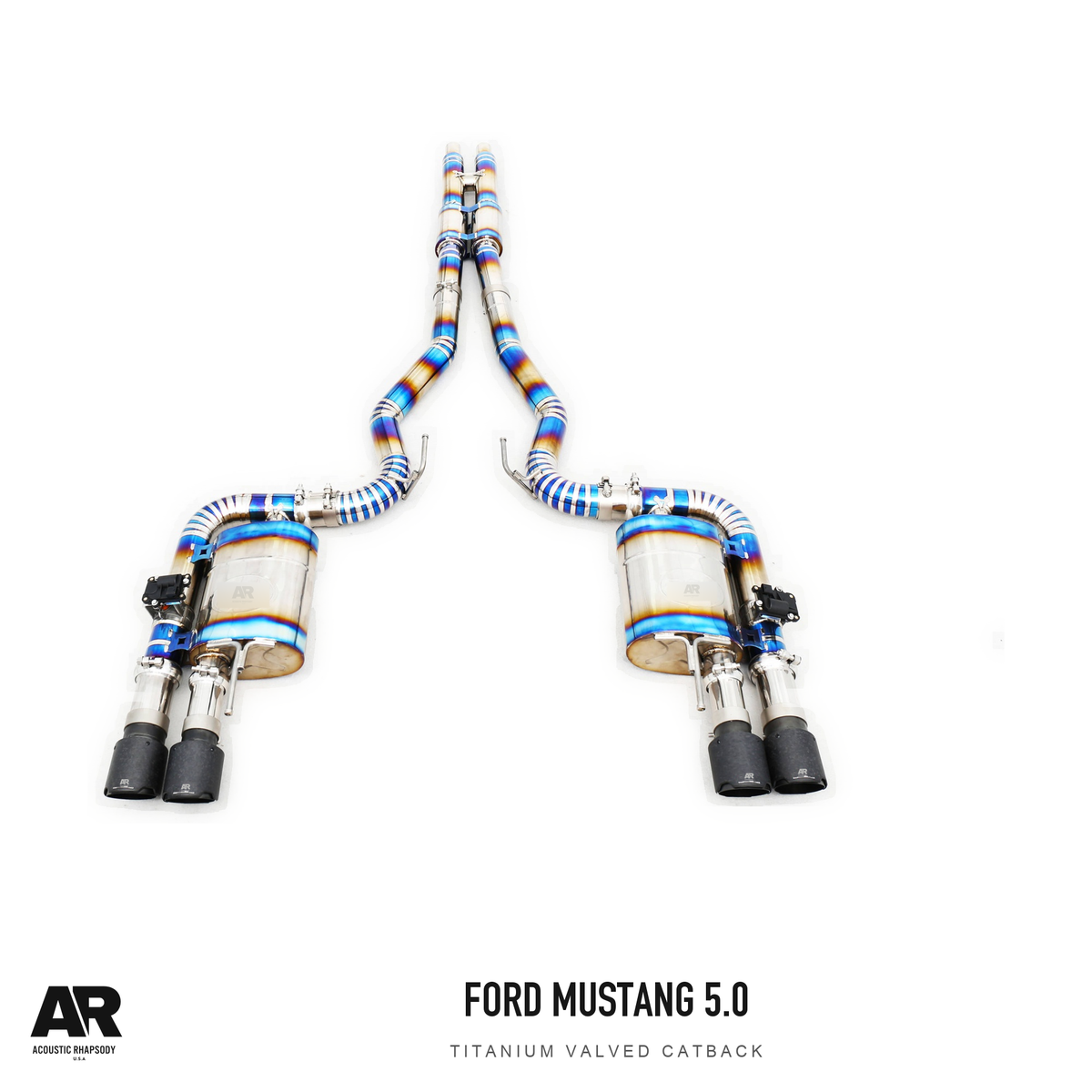 AR Ford Mustang 5.0L Titanium Valved Catback — third original photographic angle. Original product photograph styled with AR branding.