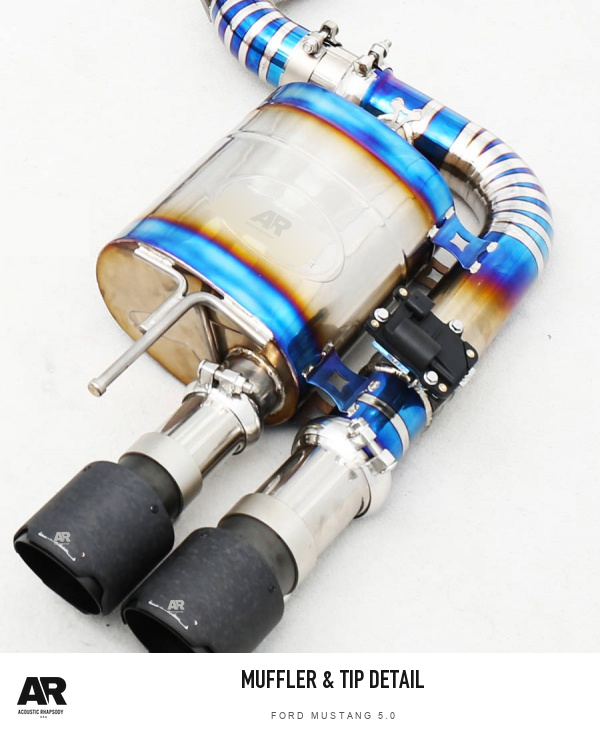 AR Ford Mustang 5.0L Titanium Valved Catback — muffler & tip detail. Original product photograph styled with AR branding.