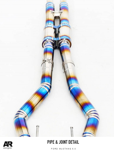 AR Ford Mustang 5.0L Titanium Valved Catback — pipe & joint detail. Original product photograph styled with AR branding.