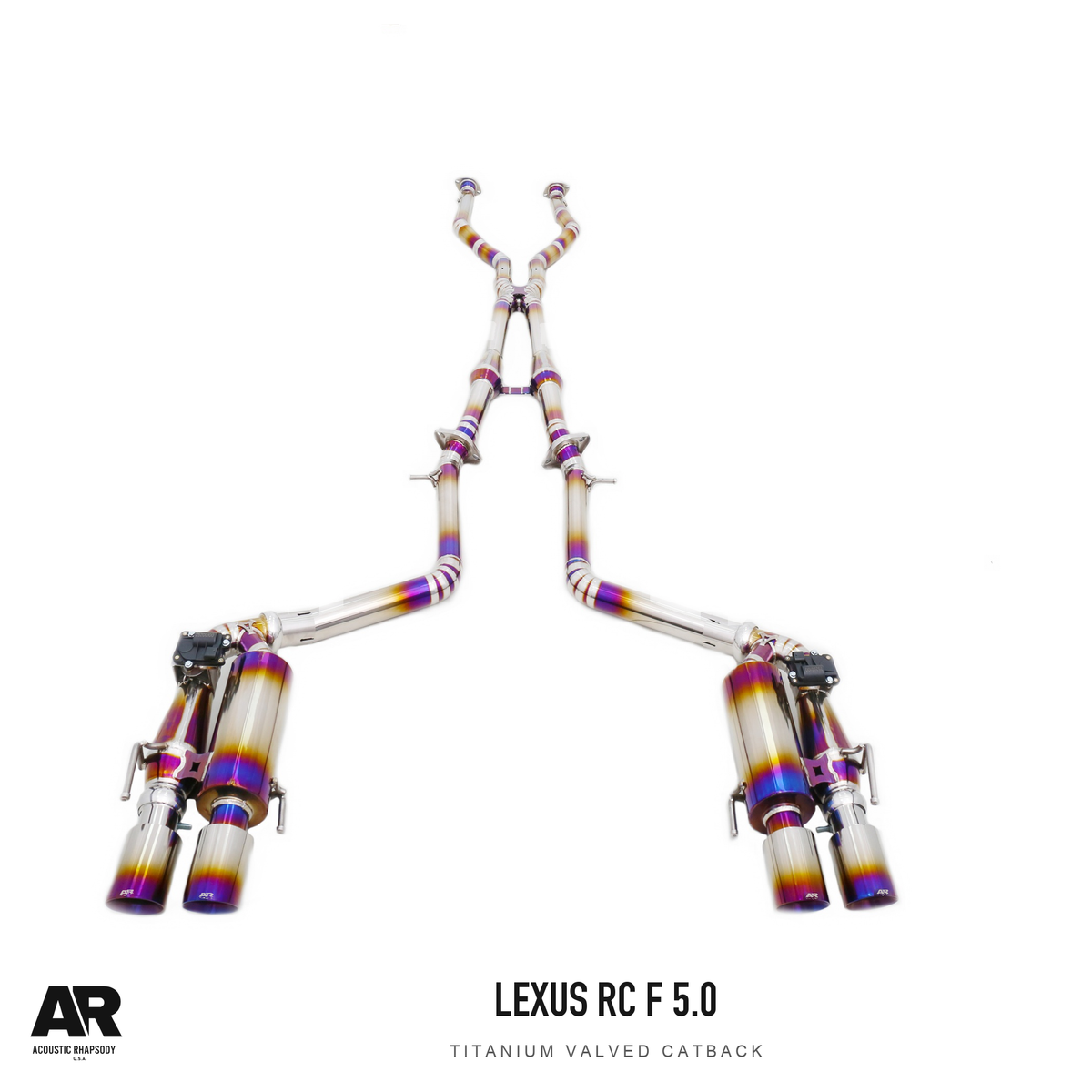 AR Lexus RC F 5.0 Titanium Valved Catback — second original photographic angle. Original product photograph styled with AR branding.