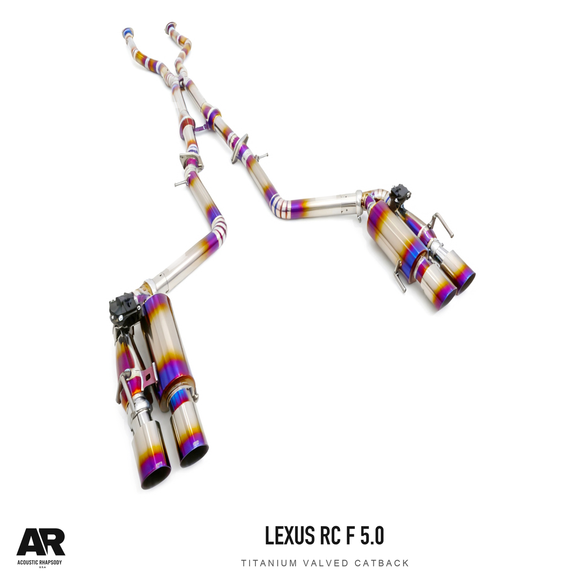 AR Lexus RC F 5.0 Titanium Valved Catback — third original photographic angle. Original product photograph styled with AR branding.