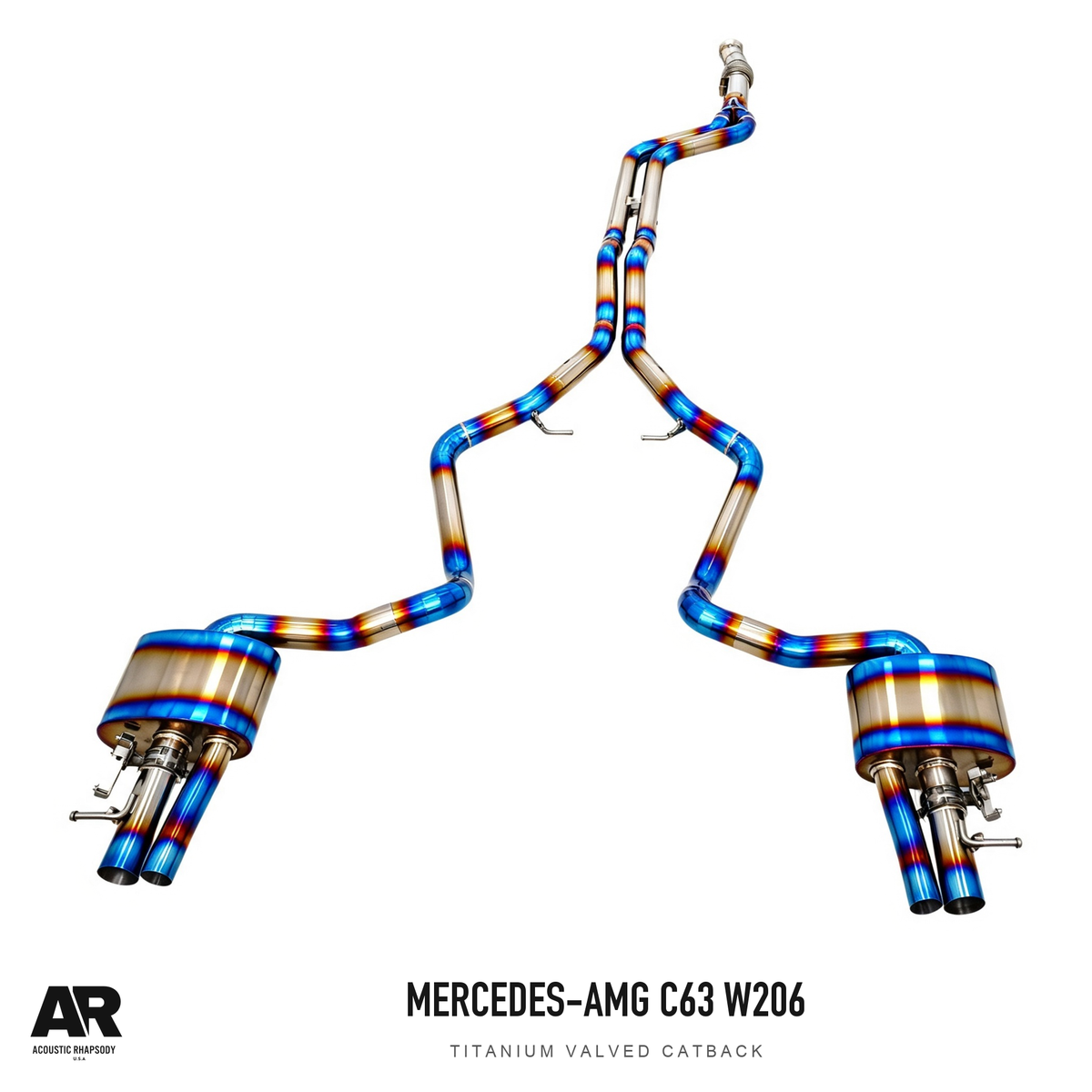AR Mercedes-AMG C63 W206 Titanium Valved Catback — second original photographic angle. Original product photograph styled with AR branding.