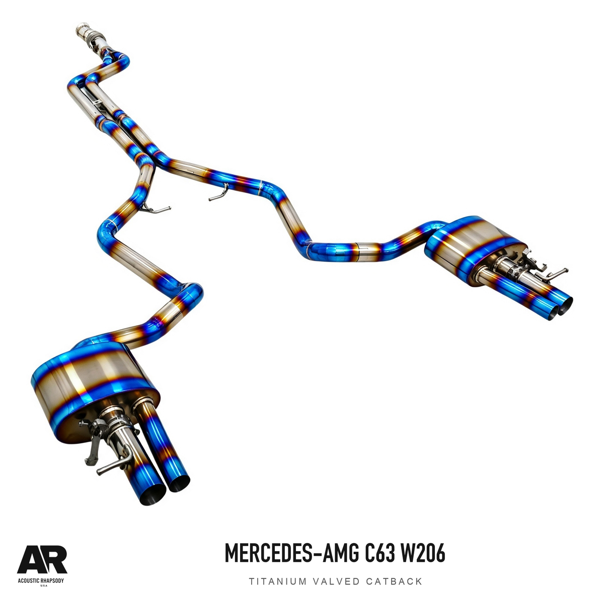 AR Mercedes-AMG C63 W206 Titanium Valved Catback — third original photographic angle. Original product photograph styled with AR branding.