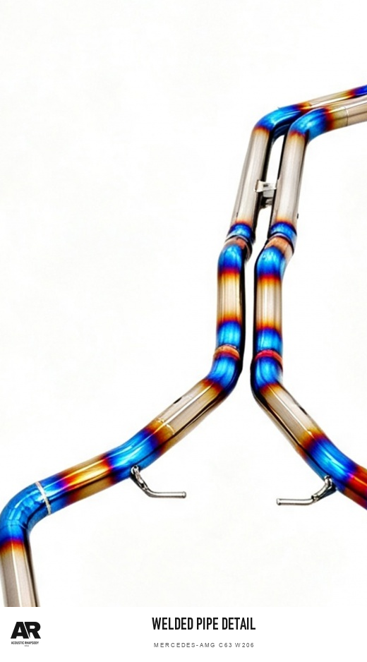 AR Mercedes-AMG C63 W206 Titanium Valved Catback — welded pipe detail. Original product photograph styled with AR branding.
