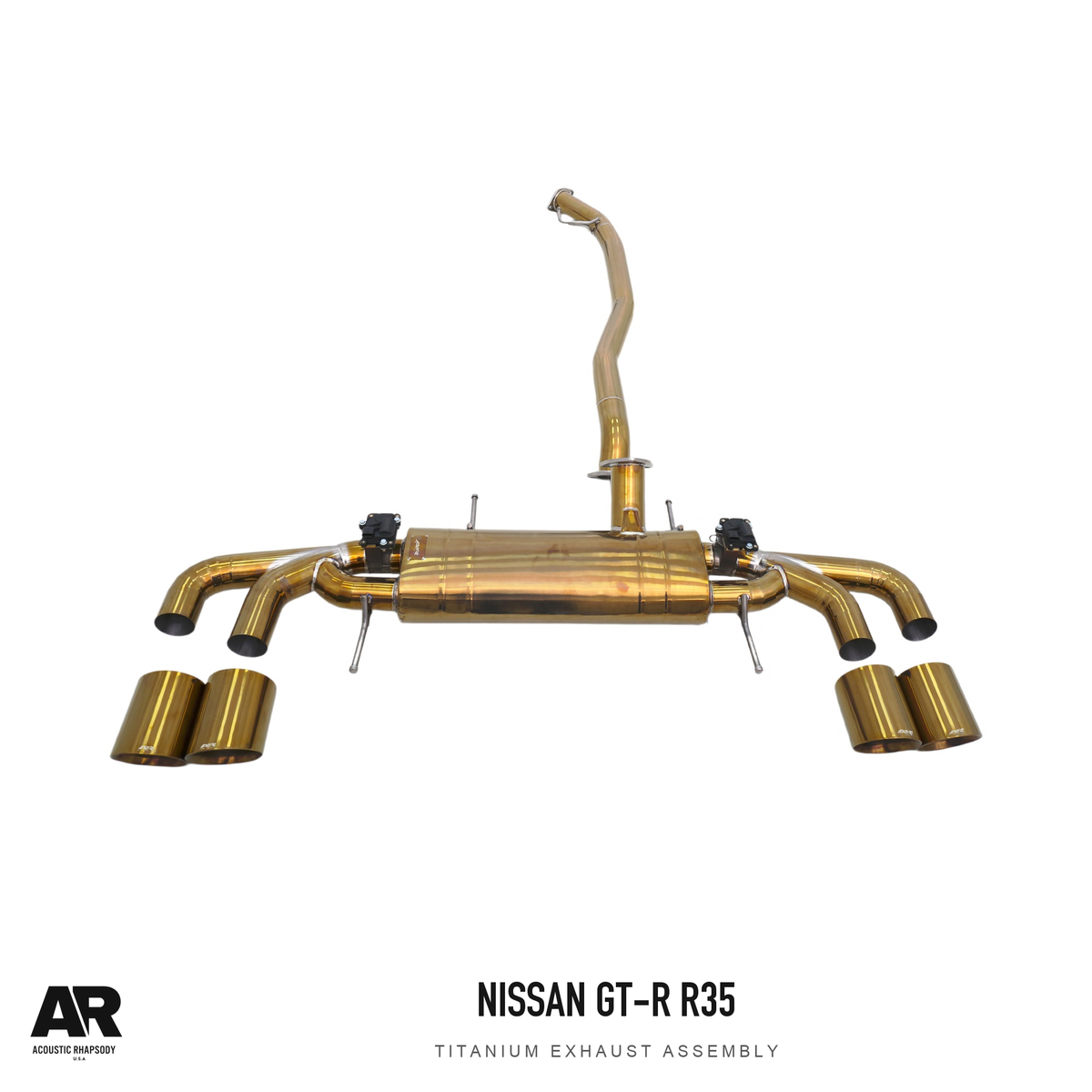 AR Nissan GT-R R35 Titanium Exhaust — complete photographed assembly. Original product photograph styled with AR branding.
