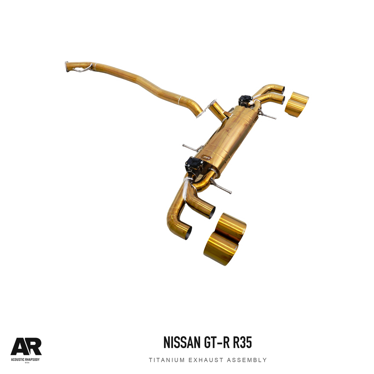 AR Nissan GT-R R35 Titanium Exhaust — second original photographic angle. Original product photograph styled with AR branding.