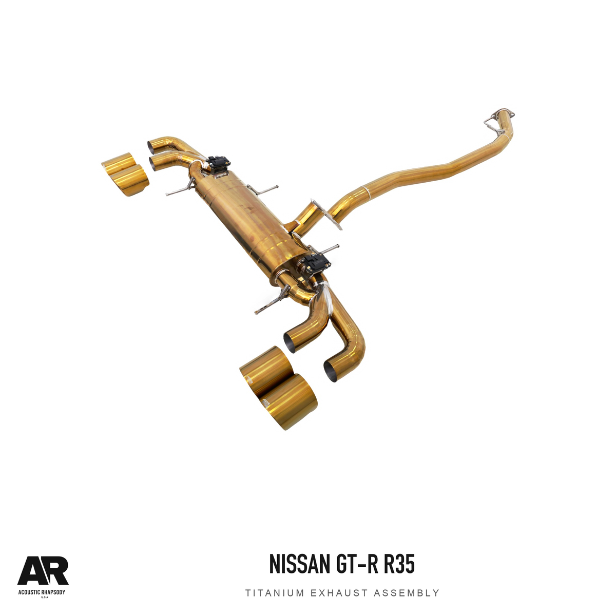 AR Nissan GT-R R35 Titanium Exhaust — third original photographic angle. Original product photograph styled with AR branding.