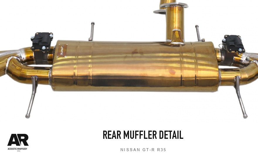 AR Nissan GT-R R35 Titanium Exhaust — rear muffler detail. Original product photograph styled with AR branding.